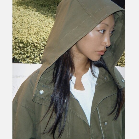 Women's Zara Khaki Green Hooded Parka Trench Coat Size M - Picture 2 of 13